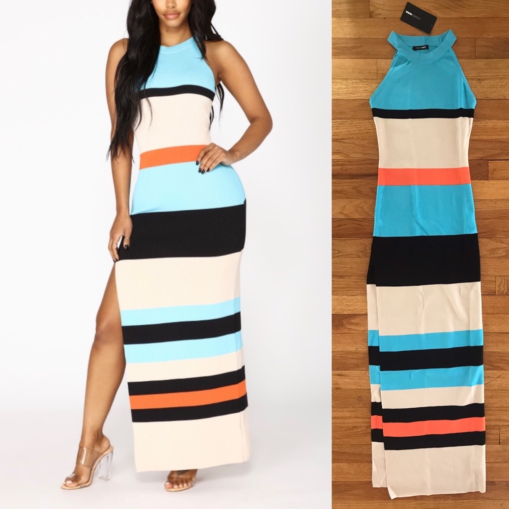 NWT Fashion Nova stripe side split maxi dress